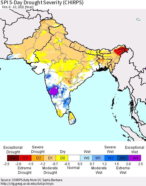 Southern Asia SPI 5-Day Drought Severity (CHIRPS) Thematic Map For 2/6/2021 - 2/10/2021