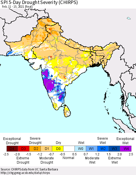 Southern Asia SPI 5-Day Drought Severity (CHIRPS) Thematic Map For 2/11/2021 - 2/15/2021