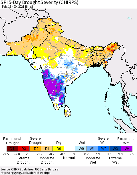 Southern Asia SPI 5-Day Drought Severity (CHIRPS) Thematic Map For 2/16/2021 - 2/20/2021