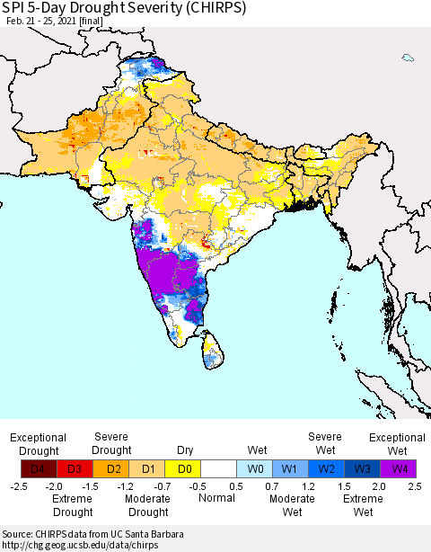 Southern Asia SPI 5-Day Drought Severity (CHIRPS) Thematic Map For 2/21/2021 - 2/25/2021