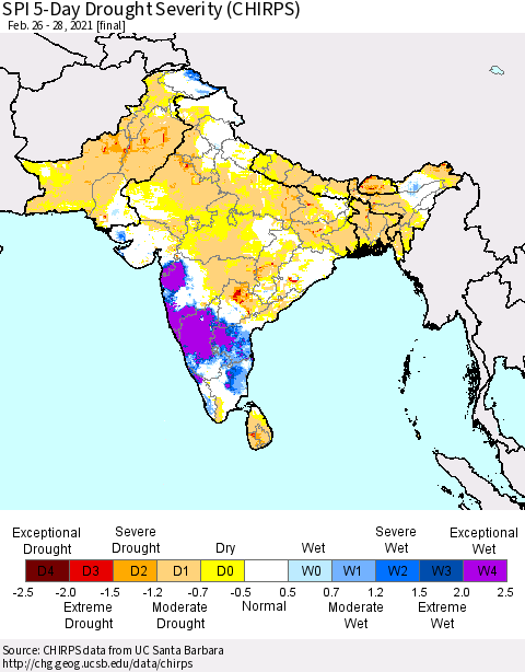 Southern Asia SPI 5-Day Drought Severity (CHIRPS) Thematic Map For 2/26/2021 - 2/28/2021