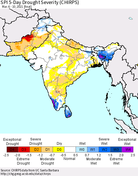 Southern Asia SPI 5-Day Drought Severity (CHIRPS) Thematic Map For 3/6/2021 - 3/10/2021