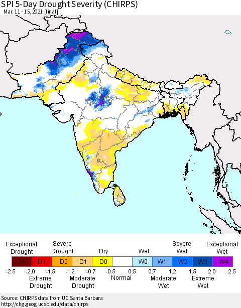Southern Asia SPI 5-Day Drought Severity (CHIRPS) Thematic Map For 3/11/2021 - 3/15/2021