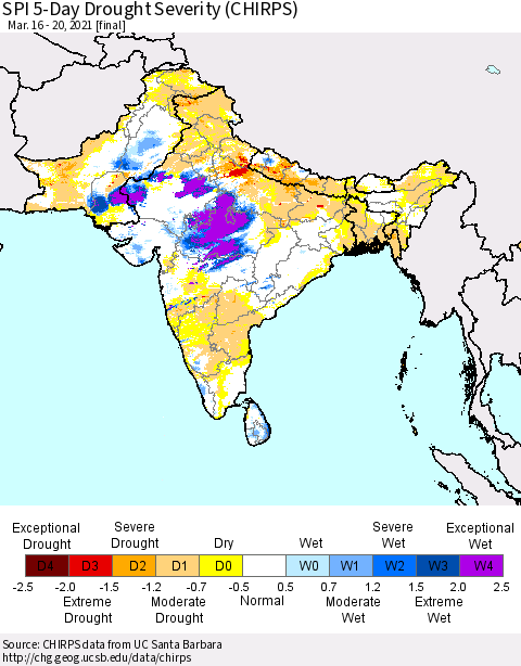 Southern Asia SPI 5-Day Drought Severity (CHIRPS) Thematic Map For 3/16/2021 - 3/20/2021