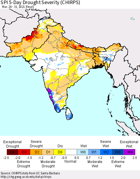Southern Asia SPI 5-Day Drought Severity (CHIRPS) Thematic Map For 3/26/2021 - 3/31/2021