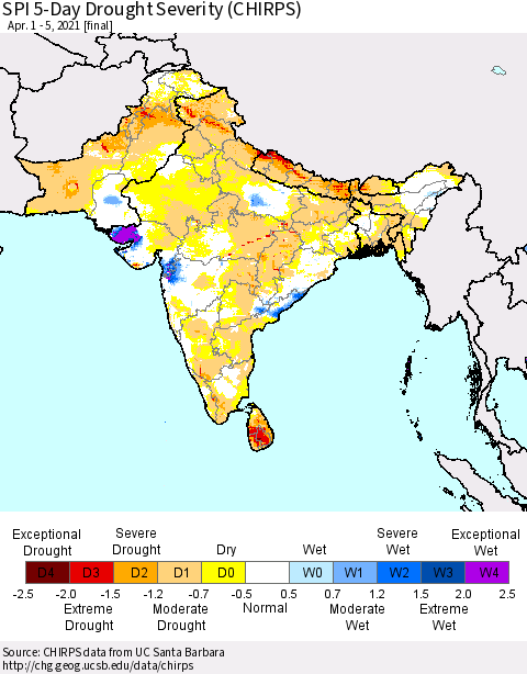 Southern Asia SPI 5-Day Drought Severity (CHIRPS) Thematic Map For 4/1/2021 - 4/5/2021