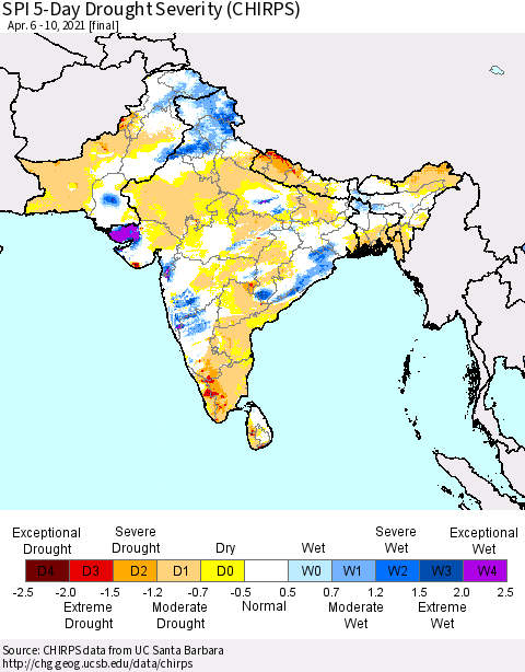 Southern Asia SPI 5-Day Drought Severity (CHIRPS) Thematic Map For 4/6/2021 - 4/10/2021