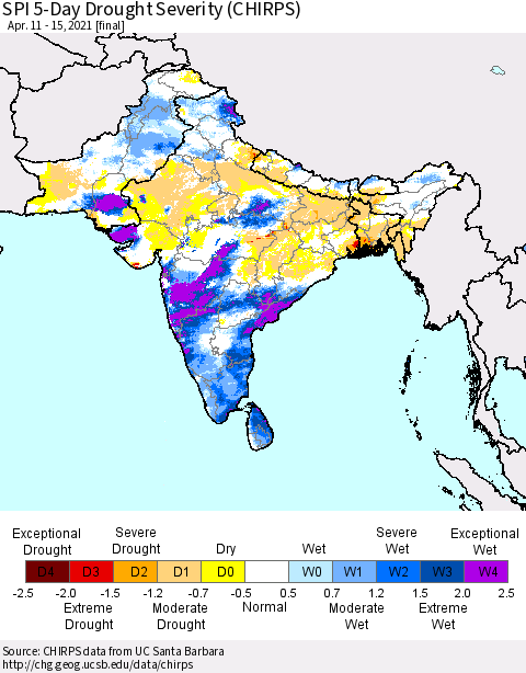 Southern Asia SPI 5-Day Drought Severity (CHIRPS) Thematic Map For 4/11/2021 - 4/15/2021