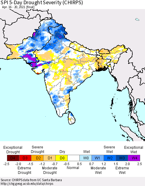 Southern Asia SPI 5-Day Drought Severity (CHIRPS) Thematic Map For 4/16/2021 - 4/20/2021