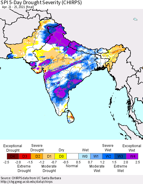 Southern Asia SPI 5-Day Drought Severity (CHIRPS) Thematic Map For 4/21/2021 - 4/25/2021