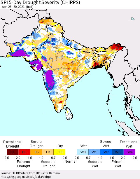 Southern Asia SPI 5-Day Drought Severity (CHIRPS) Thematic Map For 4/26/2021 - 4/30/2021