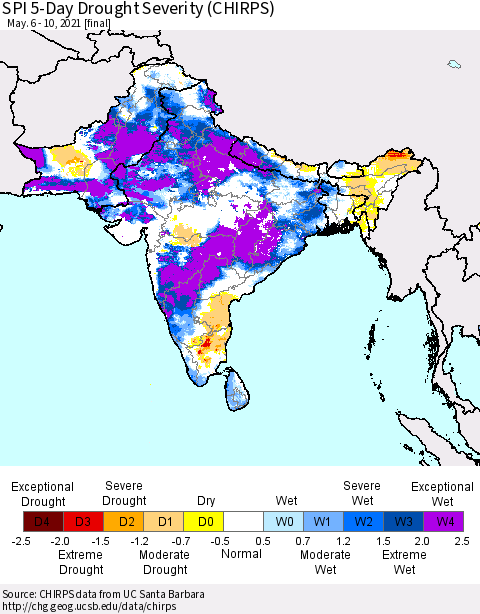 Southern Asia SPI 5-Day Drought Severity (CHIRPS) Thematic Map For 5/6/2021 - 5/10/2021