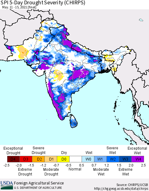 Southern Asia SPI 5-Day Drought Severity (CHIRPS) Thematic Map For 5/11/2021 - 5/15/2021
