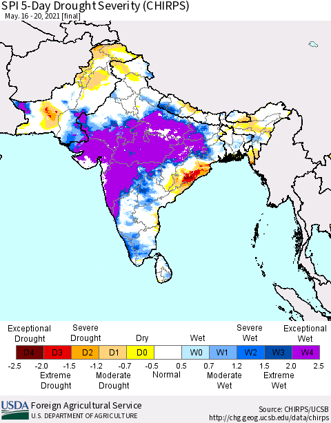 Southern Asia SPI 5-Day Drought Severity (CHIRPS) Thematic Map For 5/16/2021 - 5/20/2021