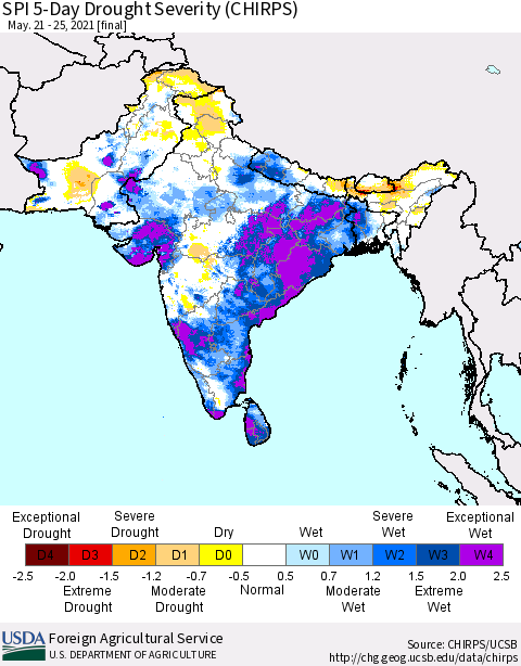Southern Asia SPI 5-Day Drought Severity (CHIRPS) Thematic Map For 5/21/2021 - 5/25/2021