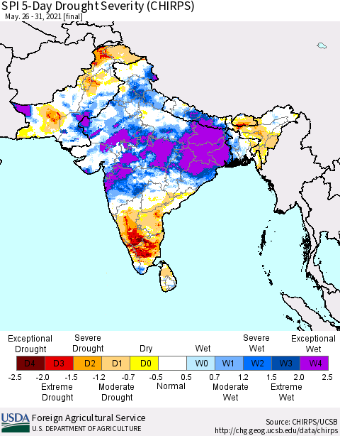 Southern Asia SPI 5-Day Drought Severity (CHIRPS) Thematic Map For 5/26/2021 - 5/31/2021