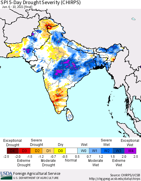 Southern Asia SPI 5-Day Drought Severity (CHIRPS) Thematic Map For 6/6/2021 - 6/10/2021