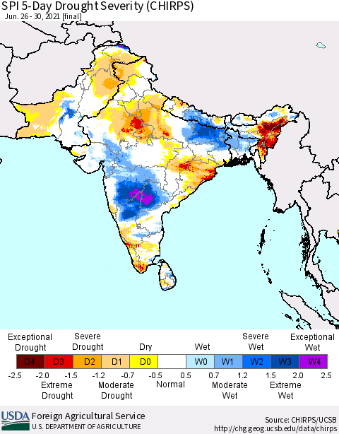Southern Asia SPI 5-Day Drought Severity (CHIRPS) Thematic Map For 6/26/2021 - 6/30/2021