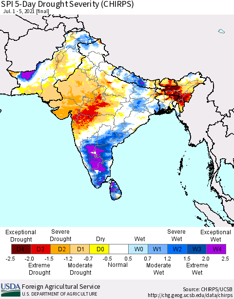 Southern Asia SPI 5-Day Drought Severity (CHIRPS) Thematic Map For 7/1/2021 - 7/5/2021