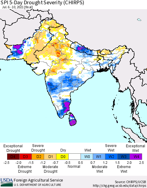 Southern Asia SPI 5-Day Drought Severity (CHIRPS) Thematic Map For 7/6/2021 - 7/10/2021
