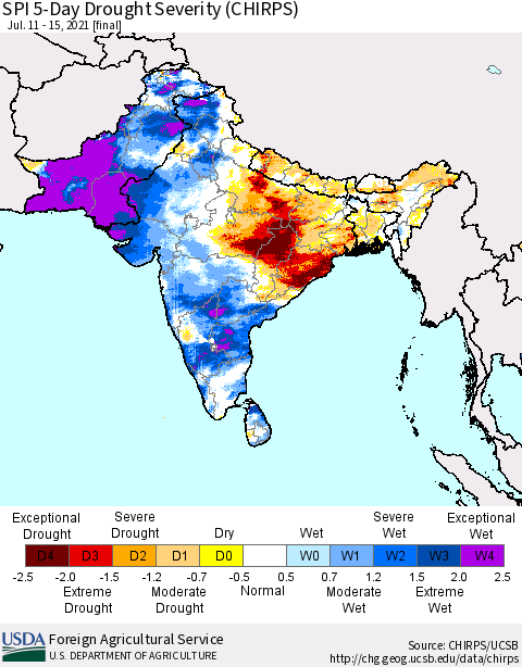 Southern Asia SPI 5-Day Drought Severity (CHIRPS) Thematic Map For 7/11/2021 - 7/15/2021