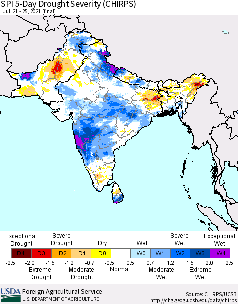 Southern Asia SPI 5-Day Drought Severity (CHIRPS) Thematic Map For 7/21/2021 - 7/25/2021
