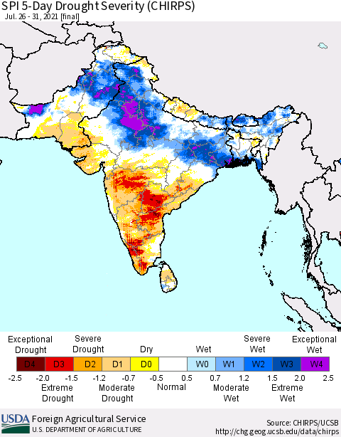Southern Asia SPI 5-Day Drought Severity (CHIRPS) Thematic Map For 7/26/2021 - 7/31/2021
