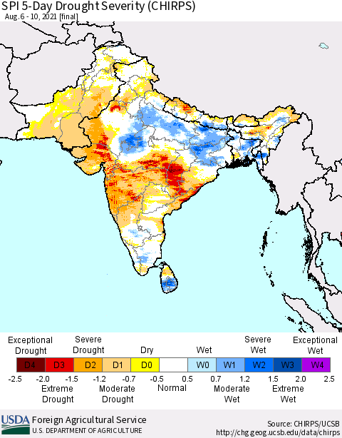 Southern Asia SPI 5-Day Drought Severity (CHIRPS) Thematic Map For 8/6/2021 - 8/10/2021