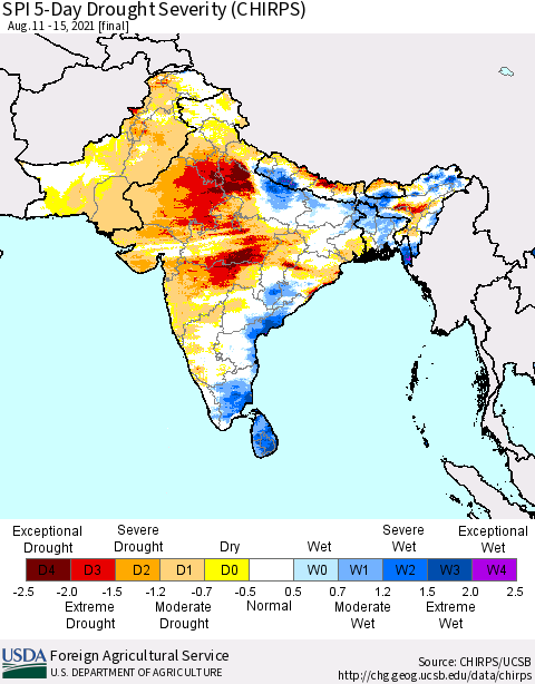 Southern Asia SPI 5-Day Drought Severity (CHIRPS) Thematic Map For 8/11/2021 - 8/15/2021