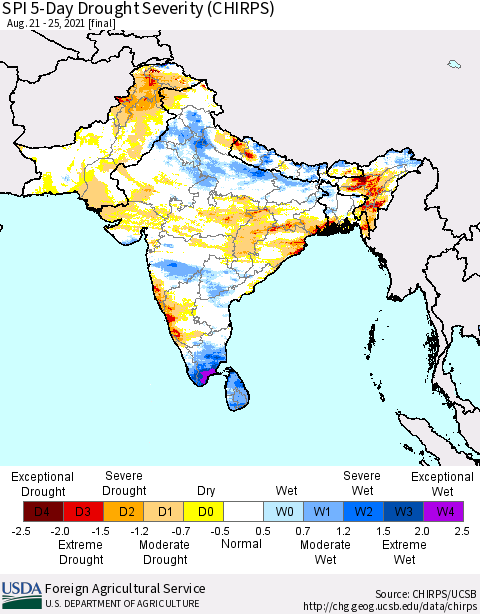 Southern Asia SPI 5-Day Drought Severity (CHIRPS) Thematic Map For 8/21/2021 - 8/25/2021