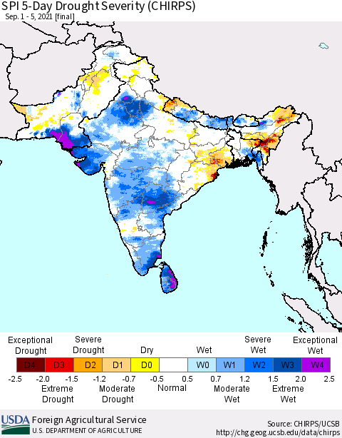 Southern Asia SPI 5-Day Drought Severity (CHIRPS) Thematic Map For 9/1/2021 - 9/5/2021