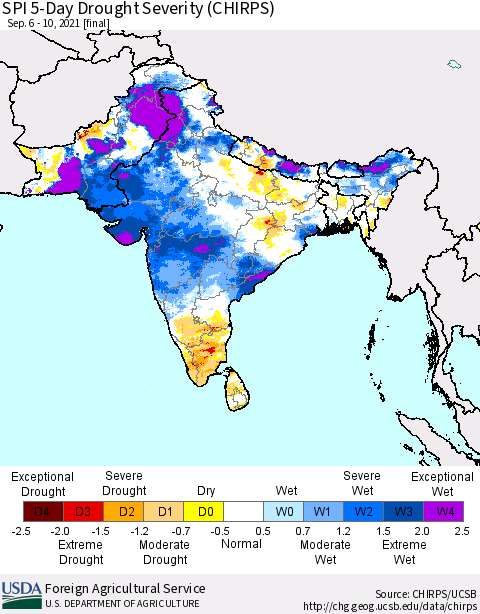 Southern Asia SPI 5-Day Drought Severity (CHIRPS) Thematic Map For 9/6/2021 - 9/10/2021