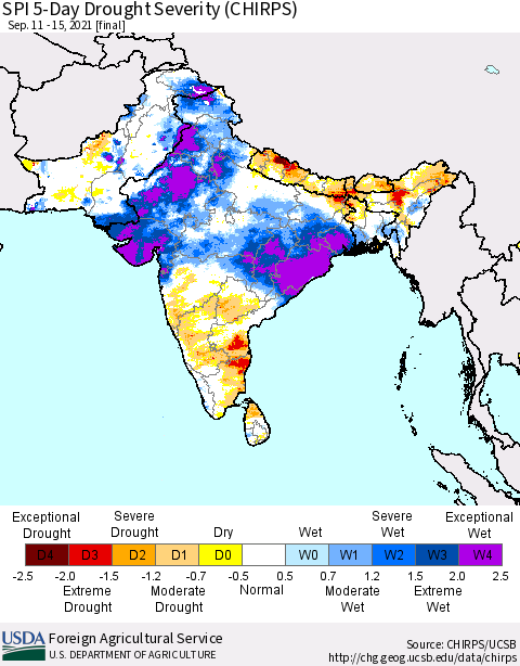 Southern Asia SPI 5-Day Drought Severity (CHIRPS) Thematic Map For 9/11/2021 - 9/15/2021