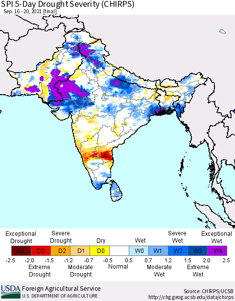 Southern Asia SPI 5-Day Drought Severity (CHIRPS) Thematic Map For 9/16/2021 - 9/20/2021