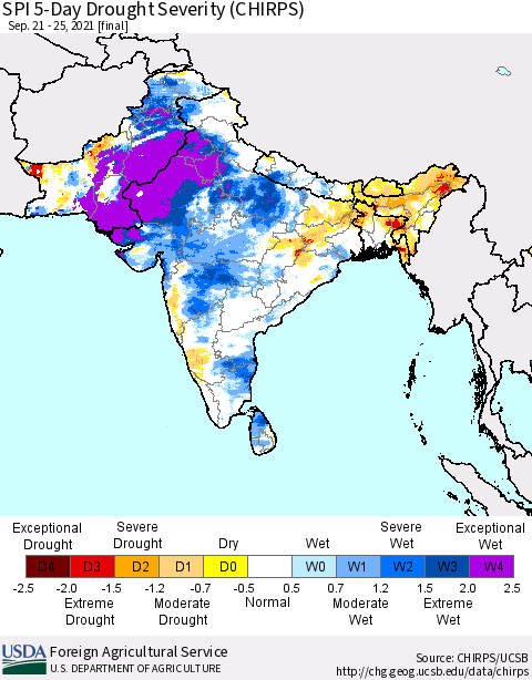 Southern Asia SPI 5-Day Drought Severity (CHIRPS) Thematic Map For 9/21/2021 - 9/25/2021