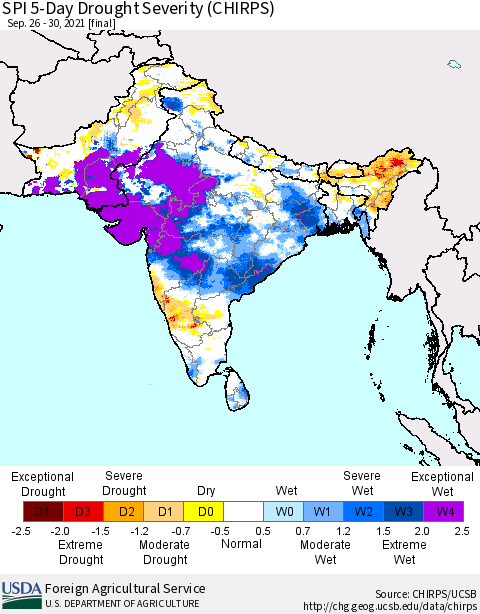 Southern Asia SPI 5-Day Drought Severity (CHIRPS) Thematic Map For 9/26/2021 - 9/30/2021