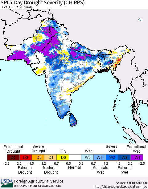 Southern Asia SPI 5-Day Drought Severity (CHIRPS) Thematic Map For 10/1/2021 - 10/5/2021