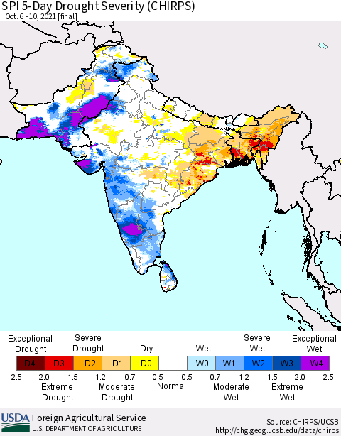Southern Asia SPI 5-Day Drought Severity (CHIRPS) Thematic Map For 10/6/2021 - 10/10/2021