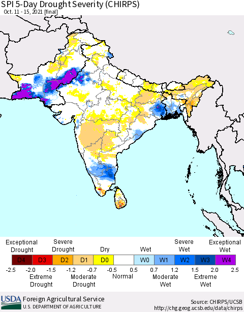 Southern Asia SPI 5-Day Drought Severity (CHIRPS) Thematic Map For 10/11/2021 - 10/15/2021
