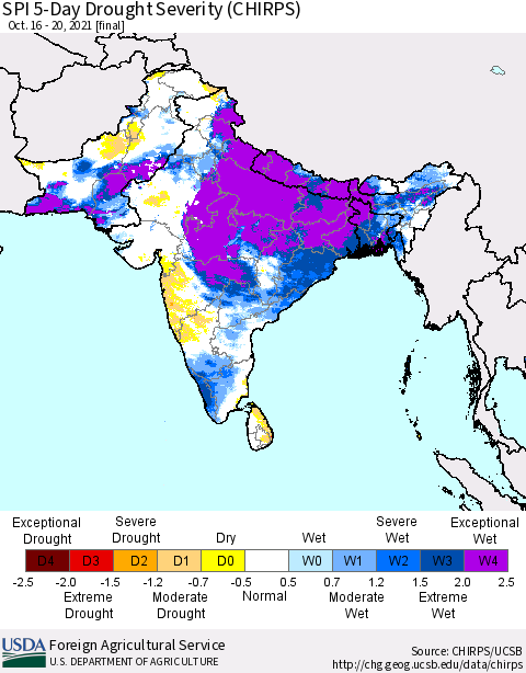 Southern Asia SPI 5-Day Drought Severity (CHIRPS) Thematic Map For 10/16/2021 - 10/20/2021