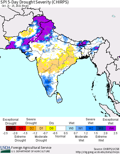 Southern Asia SPI 5-Day Drought Severity (CHIRPS) Thematic Map For 10/21/2021 - 10/25/2021
