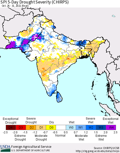 Southern Asia SPI 5-Day Drought Severity (CHIRPS) Thematic Map For 10/26/2021 - 10/31/2021