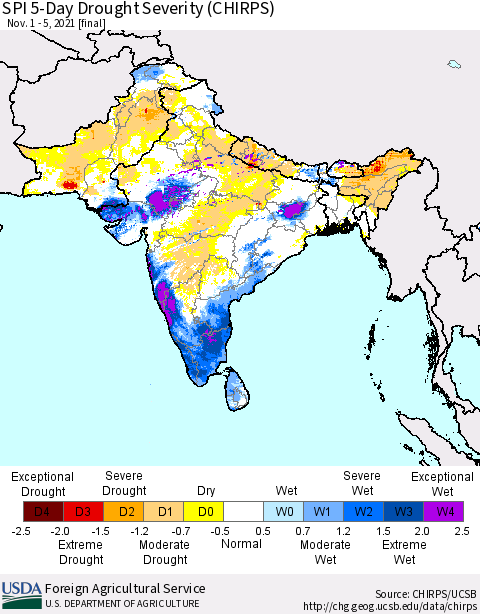 Southern Asia SPI 5-Day Drought Severity (CHIRPS) Thematic Map For 11/1/2021 - 11/5/2021