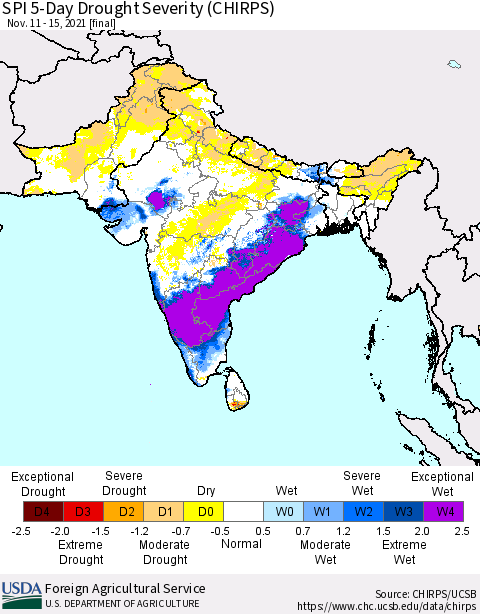 Southern Asia SPI 5-Day Drought Severity (CHIRPS) Thematic Map For 11/11/2021 - 11/15/2021