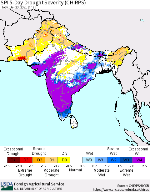 Southern Asia SPI 5-Day Drought Severity (CHIRPS) Thematic Map For 11/16/2021 - 11/20/2021