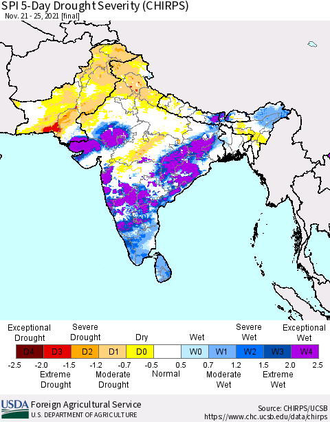 Southern Asia SPI 5-Day Drought Severity (CHIRPS) Thematic Map For 11/21/2021 - 11/25/2021