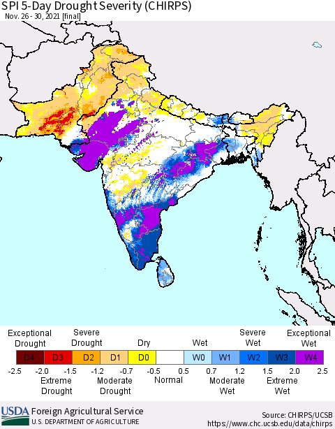 Southern Asia SPI 5-Day Drought Severity (CHIRPS) Thematic Map For 11/26/2021 - 11/30/2021