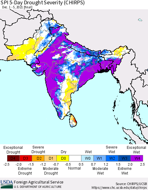 Southern Asia SPI 5-Day Drought Severity (CHIRPS) Thematic Map For 12/1/2021 - 12/5/2021