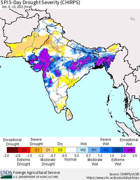 Southern Asia SPI 5-Day Drought Severity (CHIRPS) Thematic Map For 12/6/2021 - 12/10/2021