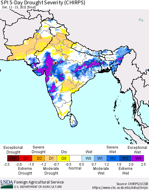 Southern Asia SPI 5-Day Drought Severity (CHIRPS) Thematic Map For 12/11/2021 - 12/15/2021